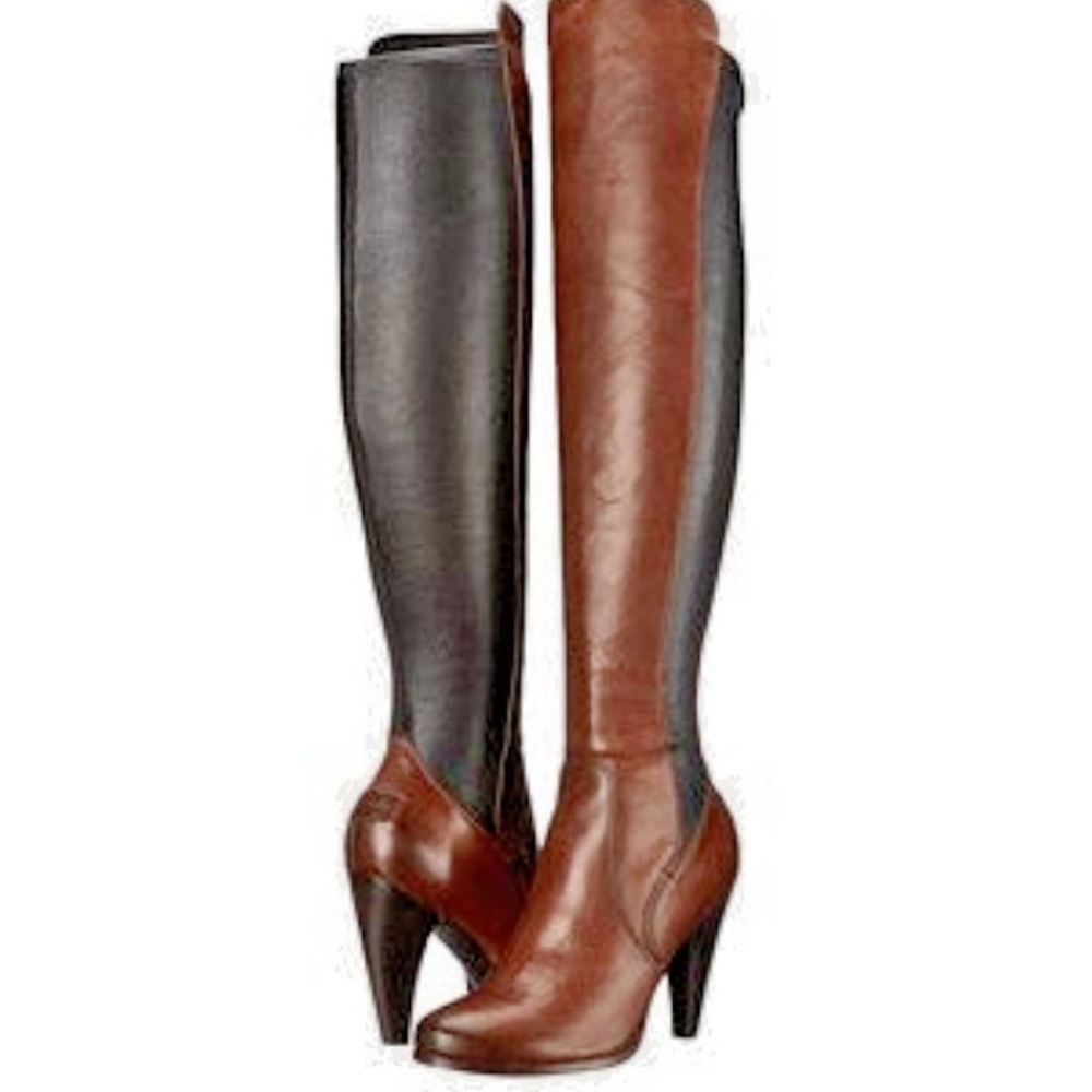 FRYE Mikaela Stretch Redwood Smooth Vintage Leather Knee Tall Boots.